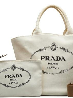 prada cream canapa canvas tote with brown shoulder strap perfect summer tote bag